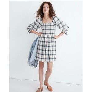 Madewell Lucie Elbow-Sleeve Smocked Gingham Mini Dress in Lebaum Plaid Size XS